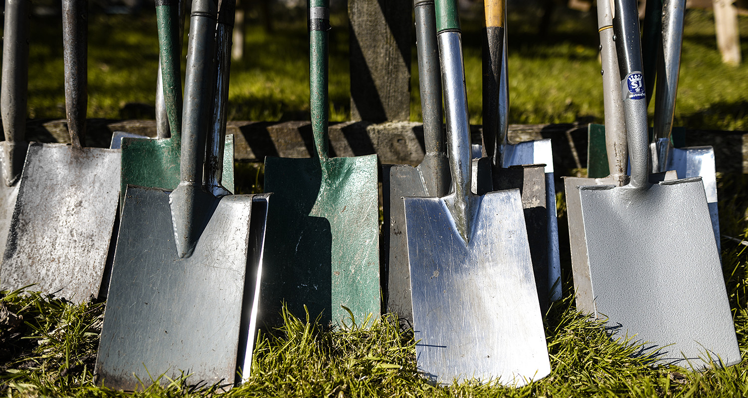 A photograph of a set of many shovels leaned against a fence