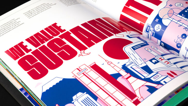 Photograph of a 2 page spread from the Realise Your Vision book with the headline 'We value sustainability'. It shows a modern take on familiar Japanese iconography in bold colours.