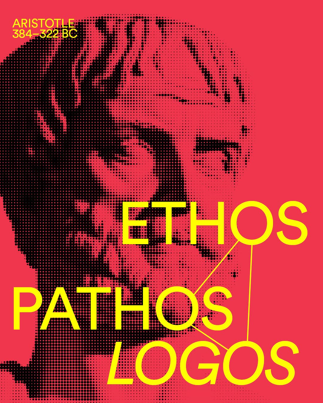 Graphic showing a halftone statue of Aristotle, overlaid with the words 'Ethos', 'Pathos' and 'Logos'